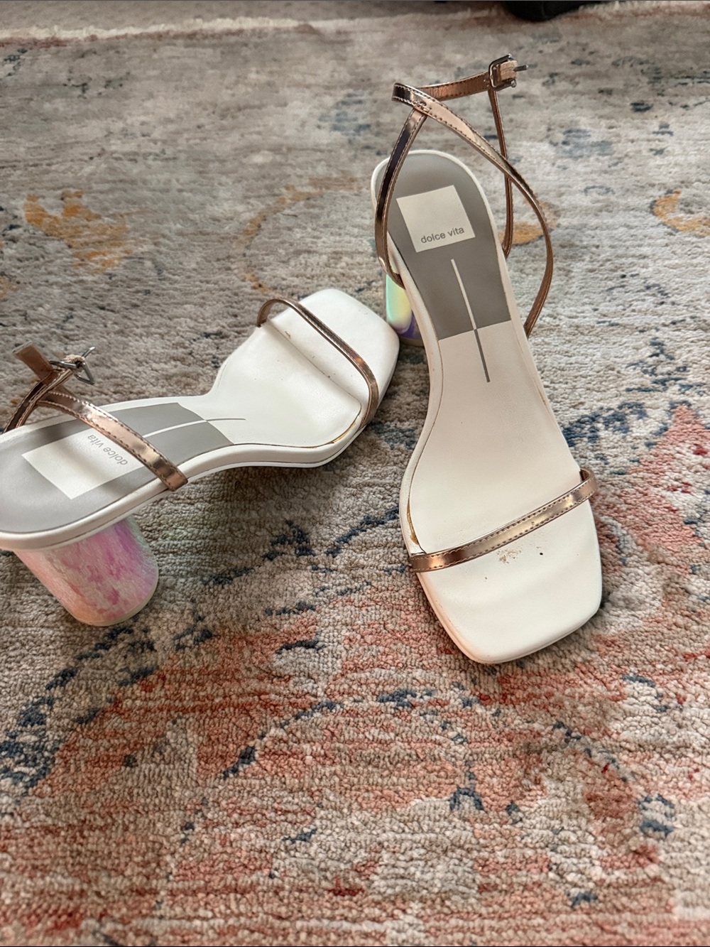 Dolce Vita White Sandal with Rose Gold Straps and Iridescent Block Heel